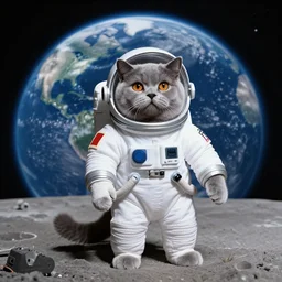 high resolution photo of british short hair cat in a full space suit on the moon, rising earth on the background