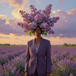 portrait, giant lilac flower as head, black woman suit in heather field, surreal photography, golden hour, colorful clouds, impressionist painting, digital painting, artstation, simon stalenhag