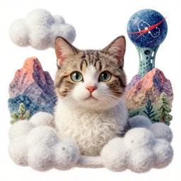 a ultradetailed watercolor art of cat with wool felting clouds illustration by nico delort, colorful alien mountains background, 4 k resolution, high detailed, matte painting, tarot card style, nasa photo