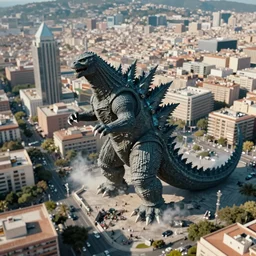 aerial photo of barcelona being attacked by godzilla, tilt shift, high quality