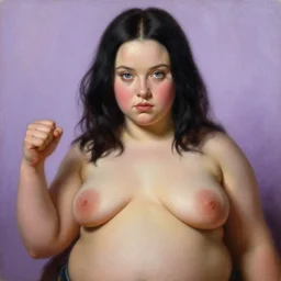 Beautiful oil painting of Hailee Steinfeld with a chubby belly as Kate Bishop with a chubby belly by Titian and Chie Yoshii, portrait, Marvel, Hawkeye, blush, symmetrical face, intricate, face, blue iris eyes, black hair, elegant, light purple mist, highly detailed, dramatic lighting, sharp focus, clenched fist, Pitch Perfect, Bumblebee, trending on artstation, artstationHD, artstationHQ, unreal engine, 4k, 8k