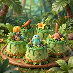 jungle cakes, ultra realistic, ultra detailed, lush, beautiful, digital art,
