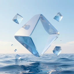geometric 3 d objects flying above sea, sea line, glass glossy material, sunny sky, vray render