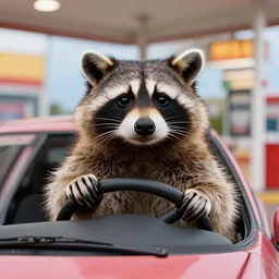 a wildly fat raccoon driving a car at a drive thru