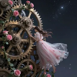 Mechanical gear,Rose twining,out of time and space,dreamy, eternity, romantic, epic, artstation, highly detailed, in the style of James jean, Miho Hirano, Rebecca guay, night lighting