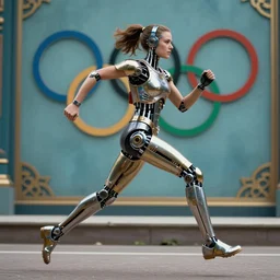 Trinity the matrix, Female sprinter in athletic attire with cyborg legs, metal body, diesel punk, athletic footage, 1980's, olympics, cinematic, art deco