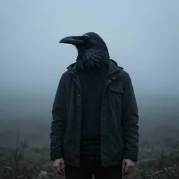 a man with a raven head standing in the mist, fog, scary