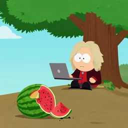 sir isaac newton sitting under a tree on a hill holding a macbook - pro, a big broken watermelon is lying on the ground next to him, in the style of the south park