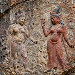 photo of the ancient portraits of female demons, rock art, symmetrical, cinematic, real dlsr photography, sharp focus, 4 k, ultra hd, sense of awe, archeology journal cover
