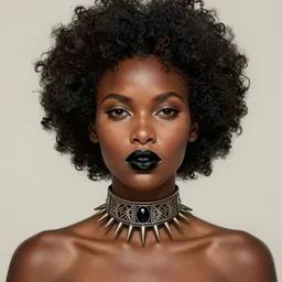 ultra realistic illustration, portrait a mixed maasai woman, with black afro, with black lipstick, with a spikey choker around neck, intricate, elegant, highly detailed, digital painting, artstation, concept art, smooth, sharp focus, illustration, art by artgerm and greg rutkowski and alphonse mucha