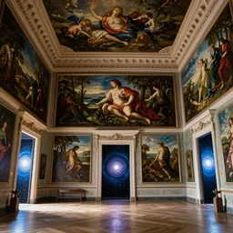 giant mansion room with walls filled with modern art paintings, doors that are cosmic portals, painting by Botticelli
