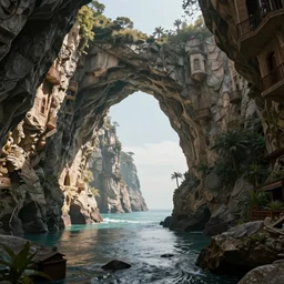 cliffed arches, port town cove, fantasy, exquisite, volumetric lighting, 8 k octane beautifully detailed render, post - processing, extremely hyper - detailed, intricate, epic composition, cinematic lighting, masterpiece, trending on artstation, stunning art by caravaggio, by simonetti, beautiful cinematic light