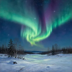 a beautiful and detailed mate painting of a snowy aurora landscape at night with northern lights in the sky, art by art by by andreas rocha and martin johnson heade, trending on artstation