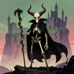 synthwave exciting by kate greenaway, by jeff kinney. a beautiful illustration of a horned, red - eyed, skeleton - like creature, with a long black cape, & a staff with a snake wrapped around it, standing in front of a castle atop a cliff.