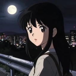 anime visual, dark portrait of a young female sightseeing above the city at night, guardrail, moon, cute face by yoh yoshinari, katsura masakazu!, strong silhouette, ilya kuvshinov, anime cels, 1 8 mm lens, rounded eyes, moody, detailed facial features, inked