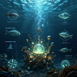 underwater life, infographic, glowing lights, epic fantasy, digital art, concept art, detailed illustration, hd, 4 k, digital art, greg rutkowski, jean baptiste monge, mike franchina, trending on artstation