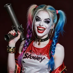 evil audrey hepburn as harley quinn, no makeup, tane skin, blue hairs, double long braids blue, insane crazy laugh, arm with bazooka, portrait shinkai makoto artgerm rossdraws james jean marc simonetti highly detailed intricate matte sharp focus digital painting artstation pixiv