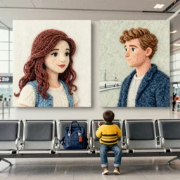 a boy wait an amazing girl in airoport, watercolor art, wool felting art, by Beeple and Kandinskiy, 4k resolution, colorful, digital art, hasselblad photo