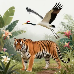 tiger on the prowl hunting vibrant crane flying in background tropical plants botanical flowers biology artist john audubon