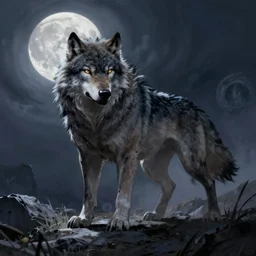 '' Illustration a wolf (Fenrir), (night), (moon in the background), league of legends, Fenrir, LOL, fantasy, d&d,  digital painting, artstation, concept art, sharp focus, illustration, art by greg rutkowski and alphonse mucha ''
