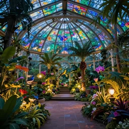 magician's tropical greenhouse garden with colored glass cover, outside of time and space, magnificent, gorgeous, birds, flowers, fairy tale, night lighting, gorgeous lighting, well lit, backlit, dramatic cinematic lighting, intricate, highly detailed, low angle view, artstation, mysterious, comfort, in the style of aetherpunk, 8 k