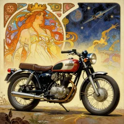 vintage classic motorcycle, moebius and ralph mcquarrie style, retro sci - fi, blade runner 2 0 4 9, alphonse mucha, pulp sci - fi, painting, psychedelic, star wats