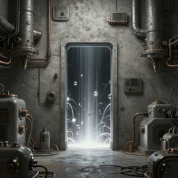 a rectangular doorway in the middle surrounded by complex machinery in a concrete room is a portal to another dimension. the doorway is shooting out streams. in the style of john berkey. trending on artstation and deviantart. digital art. sci - fi liminal space.