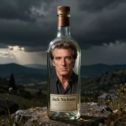 a bottle of jack nicholson, jack nicholson inside the bottle, by artgerm and greg rutkowski