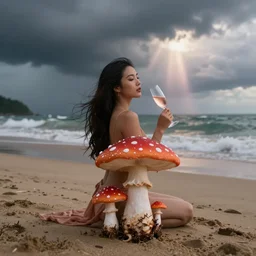 asian woman high on mushroom on the beach with storm in the sky beautiful, oasis champagne supernova - n 9