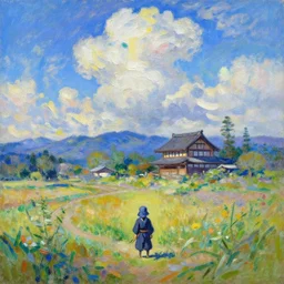 tiny samurai in front of a beautiful japanese country side landscape, edo era house in the background, blue sky, magnificient clouds, lofi vibe, vivide colors, amazing light, really beautiful nature, oil painting, impressionist style, by jeremy lipkin, by claude monet, by ghibli, kandinsky touches, multiple brush strokes, masterpiece