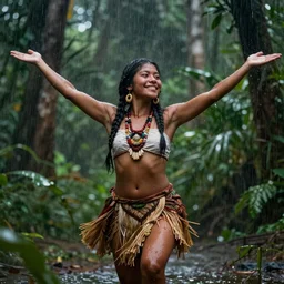 a young indigenous woman dancing in the rain in the jungle, with arms wide open, smiling, art by greg rutkowski