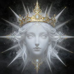 wearing a crown, divine, spirit, god rays, lightly fogged, mood, perfect eye alignment, detailed, symmetry, white ink, gold leaf, opalescent, magical, symmetrical, detailed intricate, sacred geometry, atmosphere, by peter mohrbacher and kentaro miura, high details, dark fantasy, vibe, dark fractals, detailed, 8 k resolution, octane