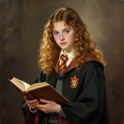 an oil painting of a portrait of a beautiful hogwarts witch girl in gryffindor holding magic books, fairy tale, dreamy light, by wlop, greg rutkowski, thomas kinkade, super detailed, 3 d, hdr on, 4 k wallpaper