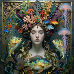 realistic detailed underwater portrait of the beautiful young goddess of the fish of the three lights with an intricate headdress of corals, sea kelp, sea plants, fish, jellyfish, art by ernst haeckel, h. r. giger, zdzisław beksinski, alphonse mucha, gothic, neo - gothic, hyper - ornamental,