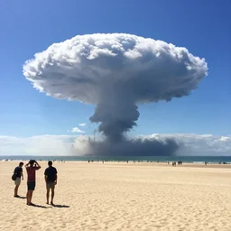 sunny day at the beach blue sky nuclear mushroom cloud on the horizon and few people watching it war apocalyptic photorealistic