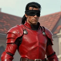 a dnd thief, skintight red leather armor, stealth, black blindfold, brown skin, black hair, ponytail, detailed face, roof background, highly detailed, sharp focus, smooth, digital illustration, by al feldstein