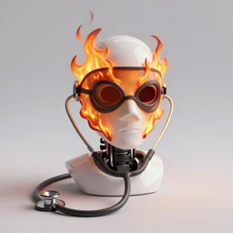 An album cover, fire, mask, stethoscope, 3d render, (robot), (unreal engine), (rust), photograph, portrait, painting, ((trees))