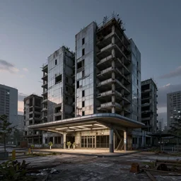 a beautiful photorealistic render of urbex abandoned city building metro station industrial architecture nature architecture unfinished building by i. m. pei, apocalyptic bladerunner 2 0 4 9 at night at dusk, archdaily, wallpaper, highly detailed, trending on artstation.