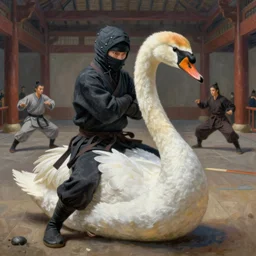 classic oil painting, a swan bird as a ninja, as a dnd character, inside a kung fu dojo, extremely detailed, digital illustration, concept art, readability, smooth, sharp focus, art by brothers hildebrandt