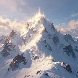 The heaven-touching apex of the mountain drenched in brilliant light, spikes of thin light impaled the snow in a bristling, moving line, realm of whispers and mysteries, intricate, elegant, fantasy, highly detailed, digital painting, concept art, sharp focus, illustration, beautiful volumetric lighting, epic light, artstation, magic hour lighting, colorful, sunshine, by Sylvain Sarrailh, ine style of ori game