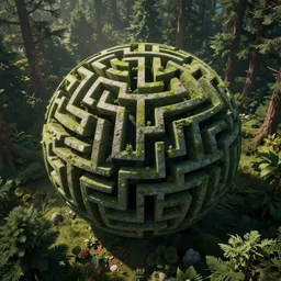 : maze pattern sphere in forest 3d render unreal engine