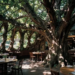 interior of a restaurant carved out of a tree, kodak, fuji film, photoreal, 12k ursa, volumetric light, cinematic photograph concept art, intricate, artstation, studio ghibli, eddie mendoza, james chadderton