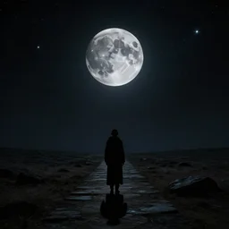 To every living being, and every living soul. Now cometh the age of the stars. A thousand year voyage under the wisdom of the Moon. Here begins the chill night that encompasses all, reaching the great beyond. Into fear, doubt, and loneliness... As the path stretches into darkness. Mysterious shadow, detailed, digital, trending on artstation, hyper realistic, dark colours, 4k, dark aesthetic, in the style of James C. Christensen