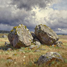 a drawing of some rocks in a field, a watercolor painting by eliot hodgkin, pinterest, american scene painting, watercolor, wimmelbilderbuch