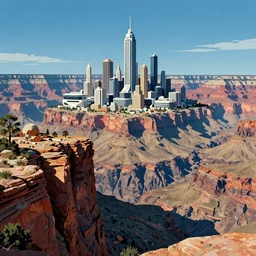a futuristic city on the edge of a canyon cliff, 70s sci-fi art style
