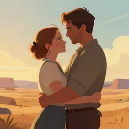 craig robinson and emma watson in a peaceful wasteland, golden hour, digital art, loving embrace, trending on artstation