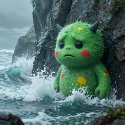 the pain is splattered on the sad monster's green face on a rainy day with huge waves crashing against a cliff, hints of red and yellow, fantasy, unreal engine
