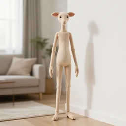 skinny creature with elongated arms standing in the corner of a well lit living room