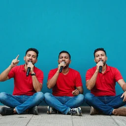 three men sitting on the ground with red shirts humming and vibrant 4k photo