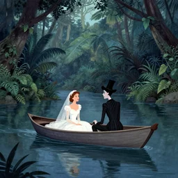 just married couple in a boat floating on a river in the jungle. digital drawing, ultra detailed, cool color palette, wes anderson, amelie poulain, tim burton, tomm moore, guido crepax